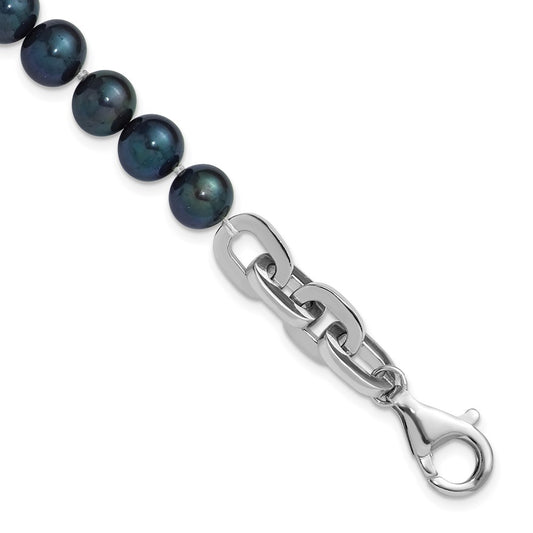 Sterling Silver Rhodium-plated 7-8mm Round Black Freshwater Cultured Pearl and Link 8 inch Bracelet QH5845-8