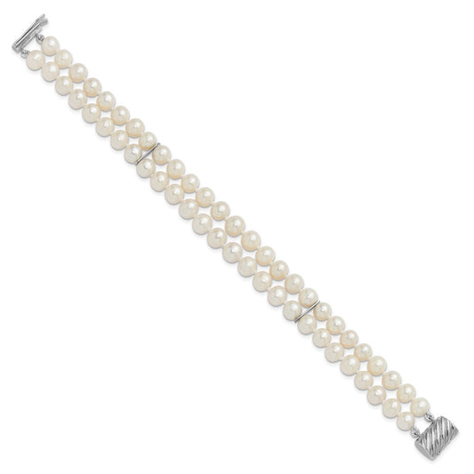 Sterling Silver Rhodium-plated 6-7mm Round White Freshwater Cultured Pearl 2-Strand 7 inch Bracelet QH5846-7