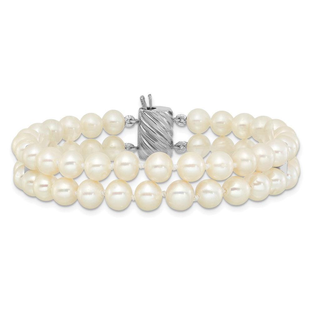 Sterling Silver Rhodium-plated 6-7mm Round White Freshwater Cultured Pearl 2-Strand 7 inch Bracelet QH5846-7