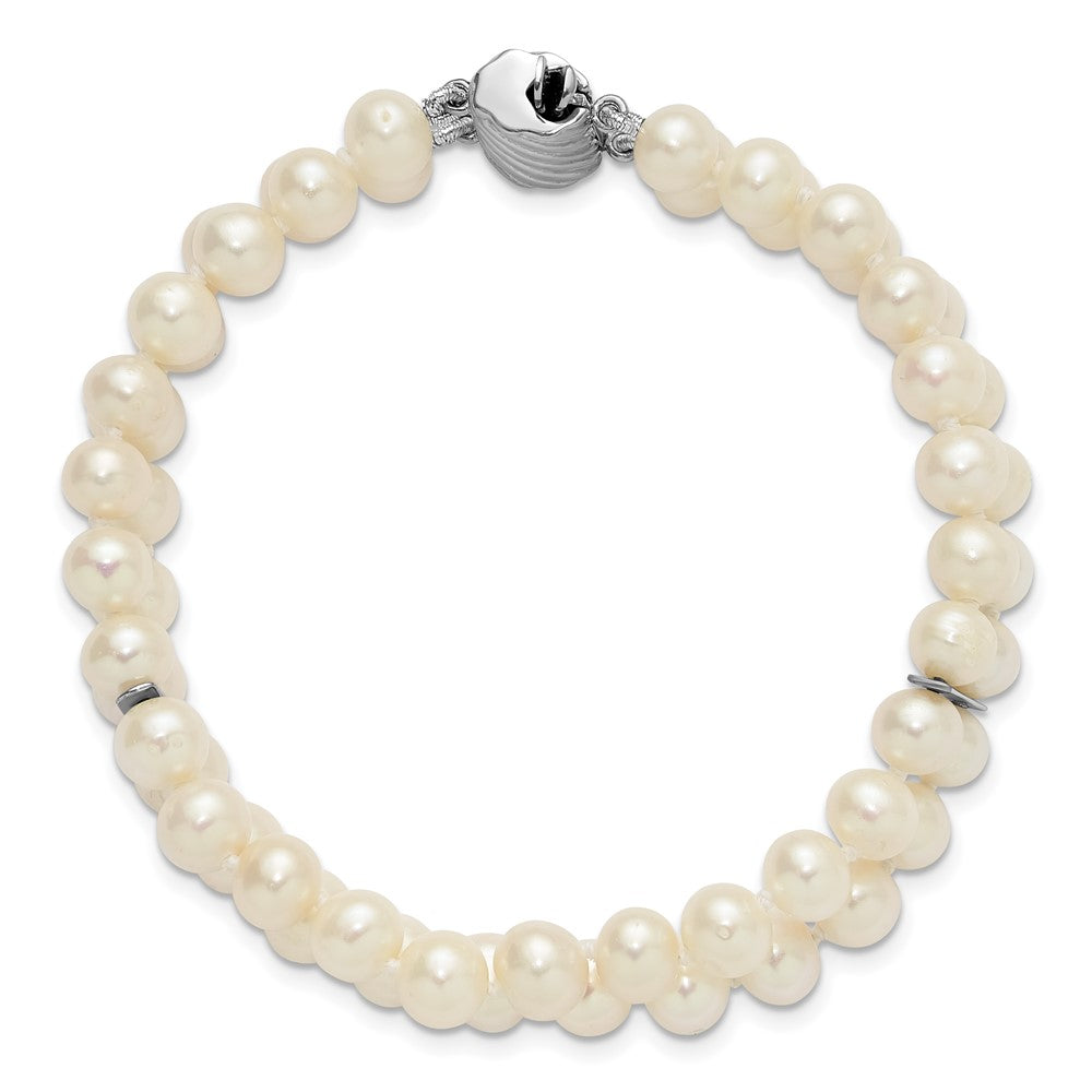 Sterling Silver Rhodium-plated 6-7mm Round White Freshwater Cultured Pearl 2-Strand 7 inch Bracelet QH5846-7
