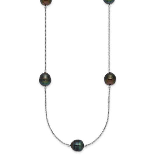 Sterling Silver Rhodium-plated 9-10mm Baroque Black Tahitian Saltwater Cultured Pearl 5-Station 18 inch Necklace QH5847-18