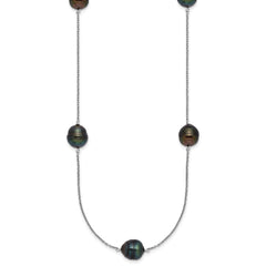 Sterling Silver Rhodium-plated 9-10mm Baroque Black Tahitian Saltwater Cultured Pearl 5-Station 18 inch Necklace QH5847-18