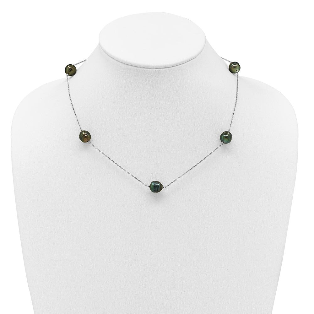 Sterling Silver Rhodium-plated 9-10mm Baroque Black Tahitian Saltwater Cultured Pearl 5-Station 18 inch Necklace QH5847-18