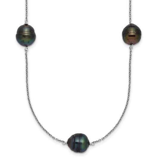 Sterling Silver Rhodium-plated 9-10mm Baroque Black Tahitian Saltwater Cultured Pearl 5-Station 18 inch Necklace QH5847-18