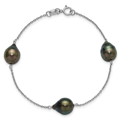 Sterling Silver Rhodium-plated 9-10mm Baroque Black Tahitian Saltwater Cultured Pearl 3-Station 7.5 inch Bracelet QH5847-7.5