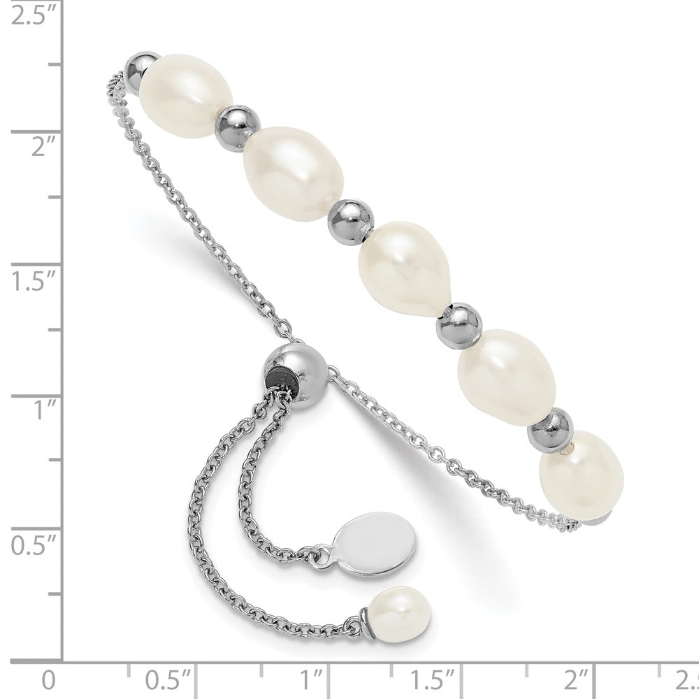 Sterling Silver Rhodium-plated Polished and Beaded 7-8mm Freshwater Cultured Rice Pearl Adjustable Bolo Bracelet QH5849