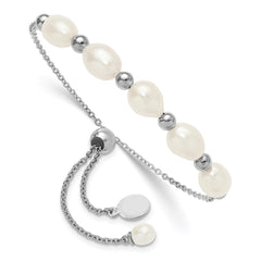 Sterling Silver Rhodium-plated Polished and Beaded 7-8mm Freshwater Cultured Rice Pearl Adjustable Bolo Bracelet QH5849