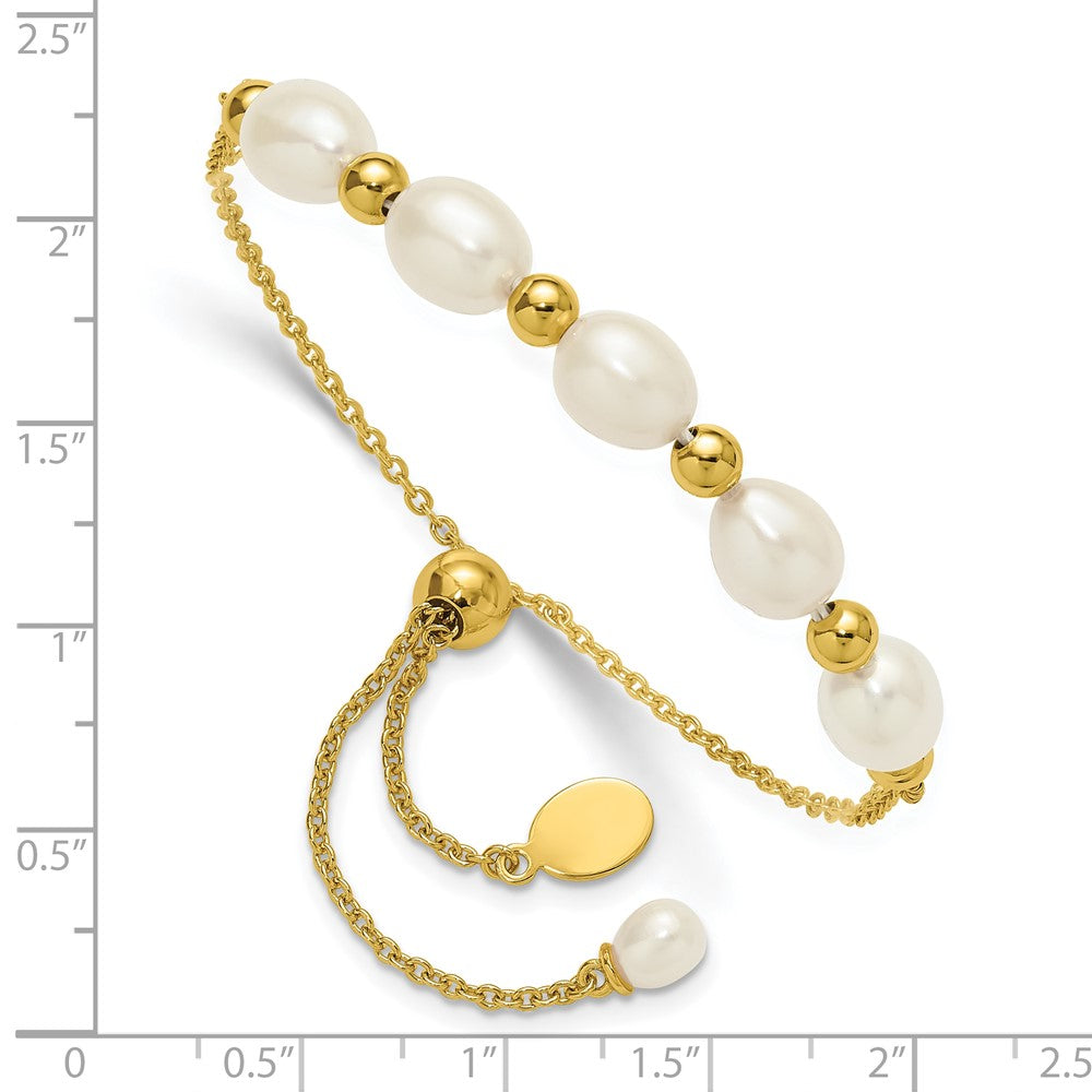 Sterling Silver Gold-tone Polished and Beaded 7-8mm Freshwater Cultured Rice Pearl Adjustable Bolo Bracelet QH5850