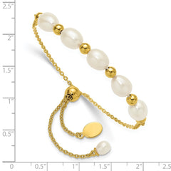 Sterling Silver Gold-tone Polished and Beaded 7-8mm Freshwater Cultured Rice Pearl Adjustable Bolo Bracelet QH5850