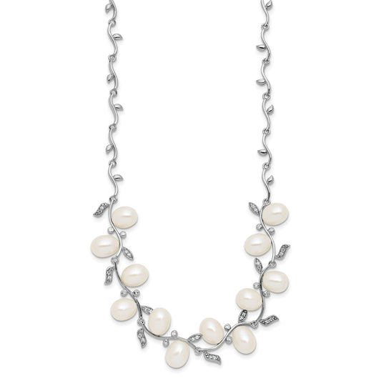 Sterling Silver Rhodium-plated 6-8mm Teardrop White Freshwater Cultured Pearl and CZ Leaf 17 inch Necklace QH5851-17