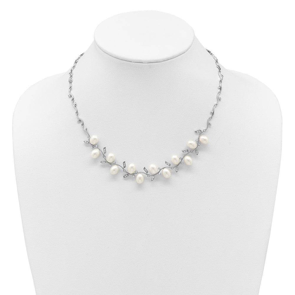 Sterling Silver Rhodium-plated 6-8mm Teardrop White Freshwater Cultured Pearl and CZ Leaf 17 inch Necklace QH5851-17