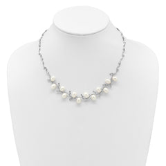 Sterling Silver Rhodium-plated 6-8mm Teardrop White Freshwater Cultured Pearl and CZ Leaf 17 inch Necklace QH5851-17