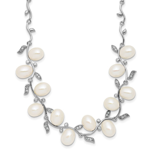 Sterling Silver Rhodium-plated 6-8mm Teardrop White Freshwater Cultured Pearl and CZ Leaf 17 inch Necklace QH5851-17