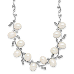 Sterling Silver Rhodium-plated 6-8mm Teardrop White Freshwater Cultured Pearl and CZ Leaf 17 inch Necklace QH5851-17
