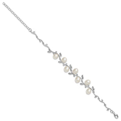 Sterling Silver Rhodium-plated 6-8mm Teardrop White Freshwater Cultured Pearl and CZ Leaf 7 inch with 1 inch Extender Bracelet QH5851-7