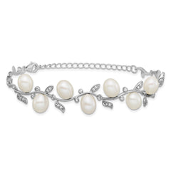 Sterling Silver Rhodium-plated 6-8mm Teardrop White Freshwater Cultured Pearl and CZ Leaf 7 inch with 1 inch Extender Bracelet QH5851-7