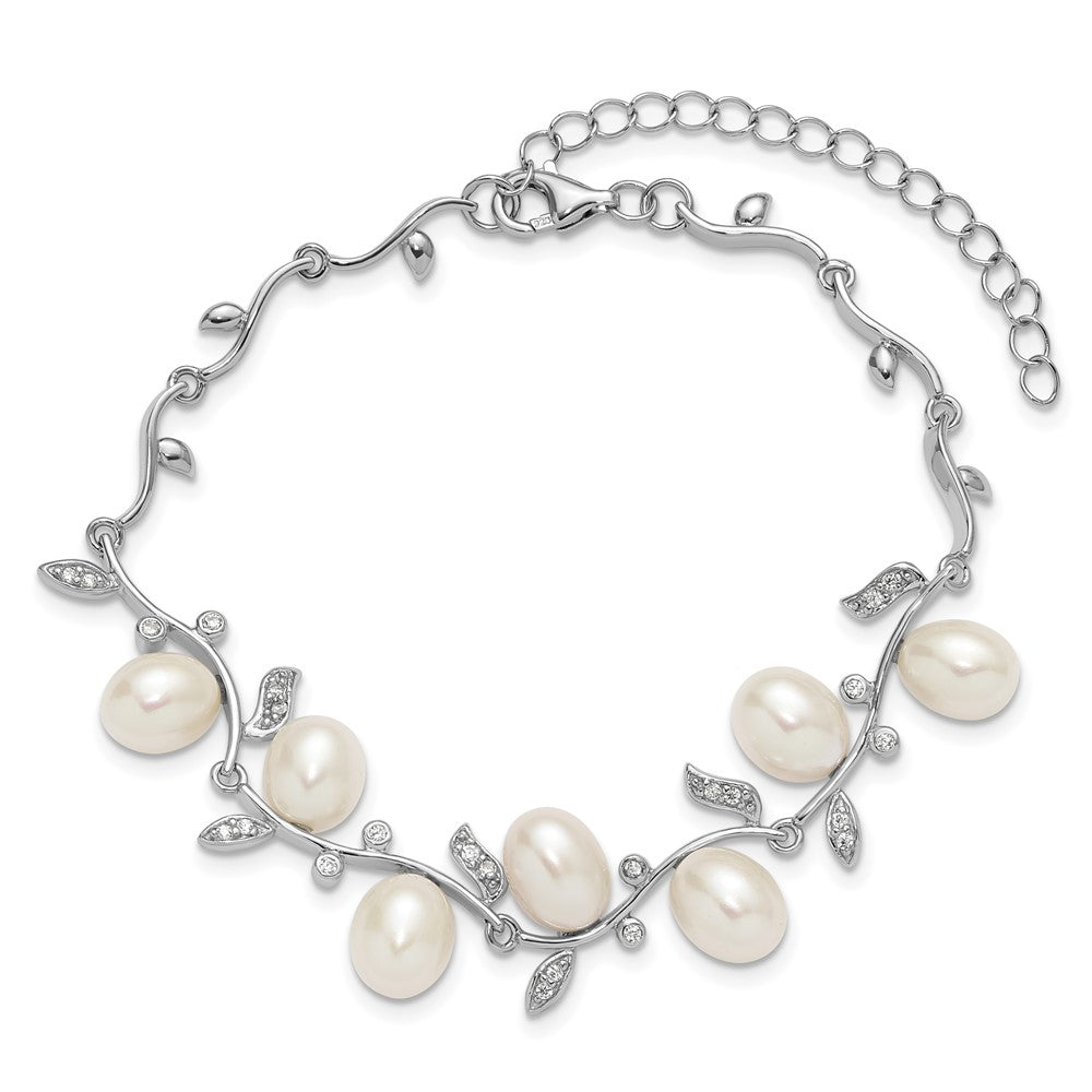 Sterling Silver Rhodium-plated 6-8mm Teardrop White Freshwater Cultured Pearl and CZ Leaf 7 inch with 1 inch Extender Bracelet QH5851-7