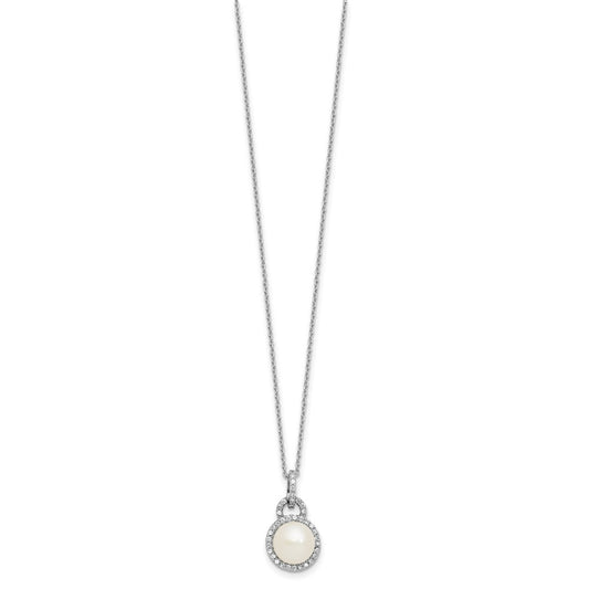 Sterling Silver Rhodium-plated 9-10mm Button White Freshwater Cultured Pearl and CZ Halo 17 inch Necklace QH5856-17