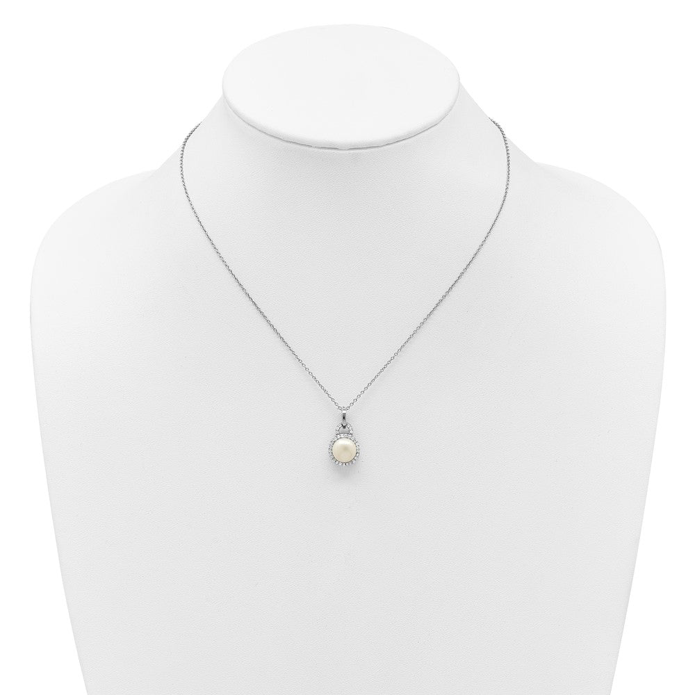 Sterling Silver Rhodium-plated 9-10mm Button White Freshwater Cultured Pearl and CZ Halo 17 inch Necklace QH5856-17