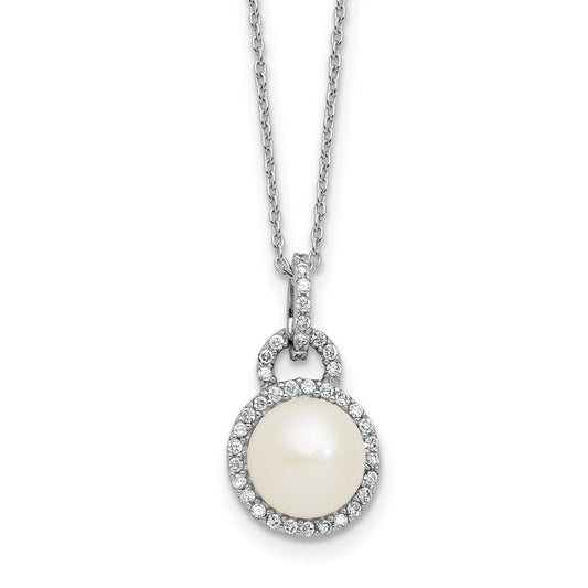 Sterling Silver Rhodium-plated 9-10mm Button White Freshwater Cultured Pearl and CZ Halo 17 inch Necklace QH5856-17