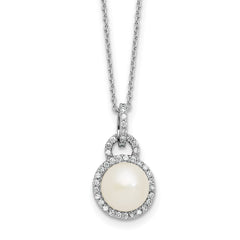 Sterling Silver Rhodium-plated 9-10mm Button White Freshwater Cultured Pearl and CZ Halo 17 inch Necklace QH5856-17