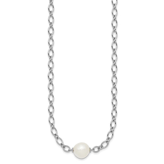 Sterling Silver Rhodium-plated 12-13mm Semi-Round White Freshwater Cultured Pearl Center and Open Link Cable Chain 18 inch Necklace QH5859-18
