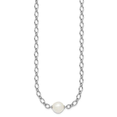 Sterling Silver Rhodium-plated 12-13mm Semi-Round White Freshwater Cultured Pearl Center and Open Link Cable Chain 18 inch Necklace QH5859-18