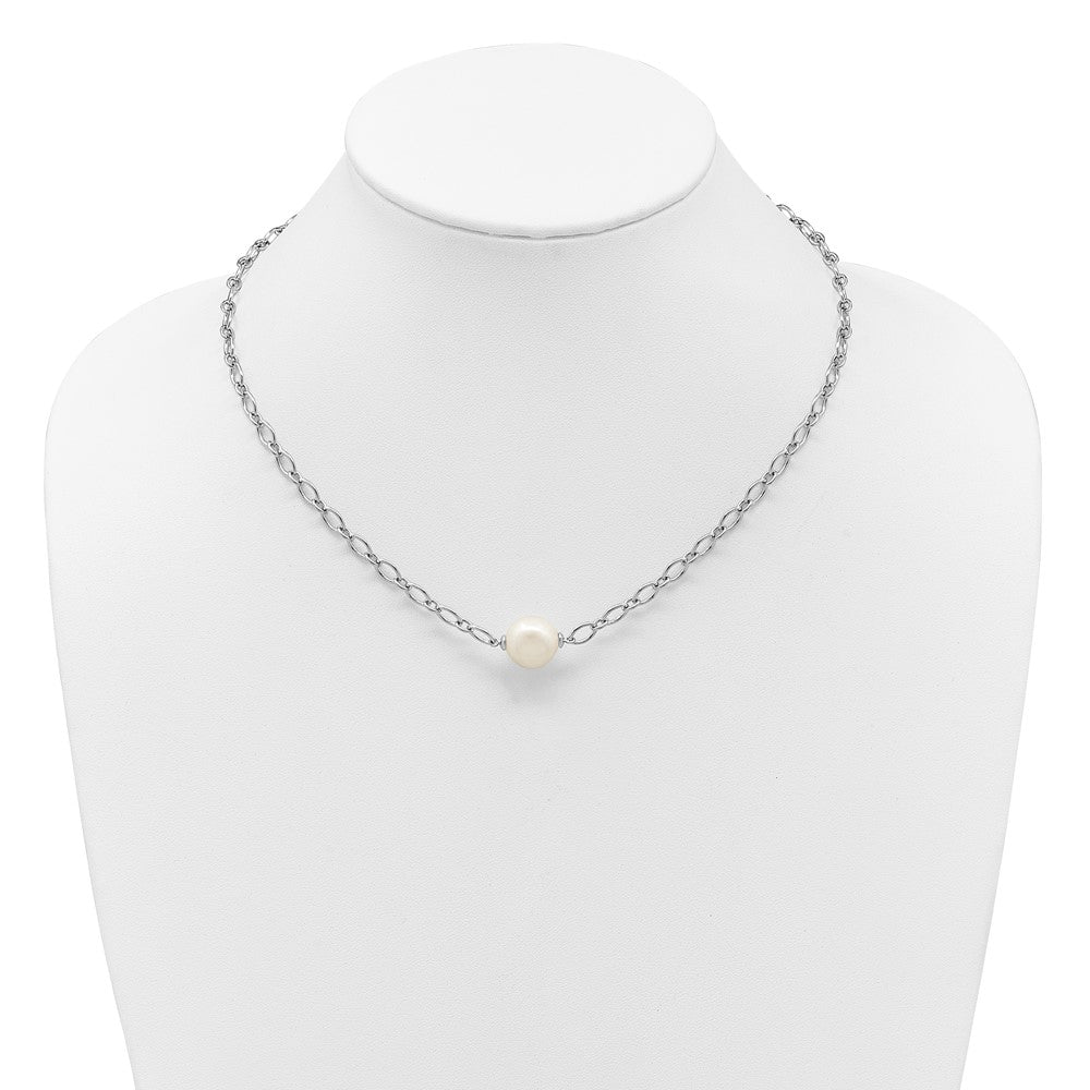 Sterling Silver Rhodium-plated 12-13mm Semi-Round White Freshwater Cultured Pearl Center and Open Link Cable Chain 18 inch Necklace QH5859-18