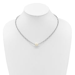 Sterling Silver Rhodium-plated 12-13mm Semi-Round White Freshwater Cultured Pearl Center and Open Link Cable Chain 18 inch Necklace QH5859-18