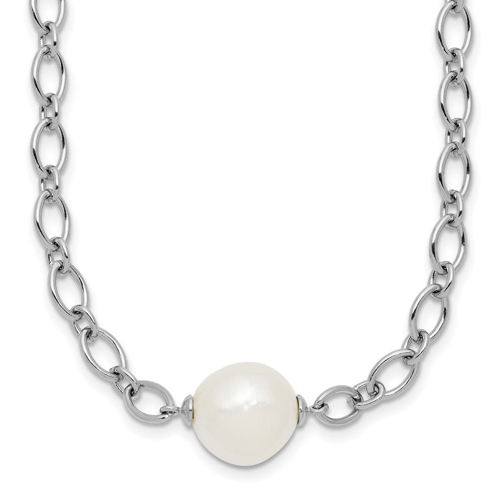 Sterling Silver Rhodium-plated 12-13mm Semi-Round White Freshwater Cultured Pearl Center and Open Link Cable Chain 18 inch Necklace QH5859-18