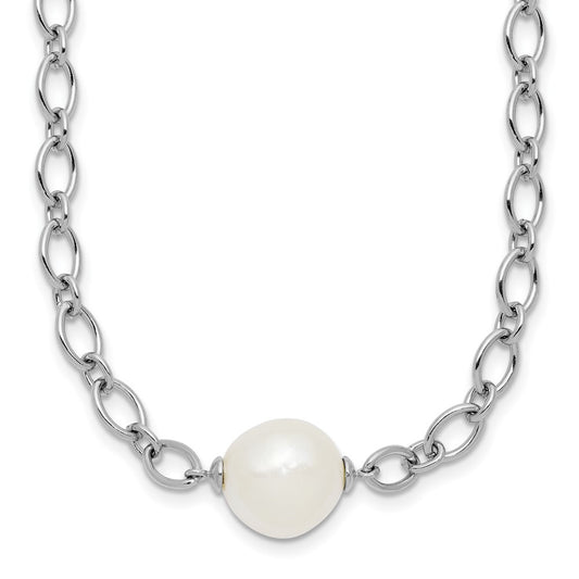 Sterling Silver Rhodium-plated 12-13mm Semi-Round White Freshwater Cultured Pearl Center and Open Link Cable Chain 18 inch Necklace QH5859-18