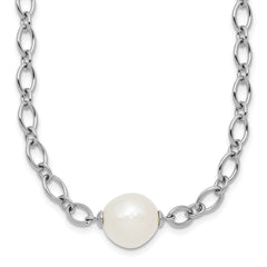 Sterling Silver Rhodium-plated 12-13mm Semi-Round White Freshwater Cultured Pearl Center and Open Link Cable Chain 18 inch Necklace QH5859-18