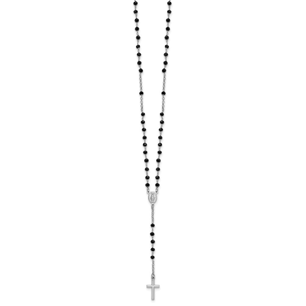 Sterling Silver Rhodium-plated Black Crystal 18.5 inch with 1 inch extender Rosary Necklace QH5869-18.5