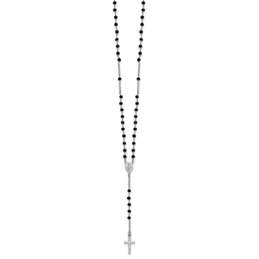 Sterling Silver Rhodium-plated Black Crystal 18.5 inch with 1 inch extender Rosary Necklace QH5869-18.5