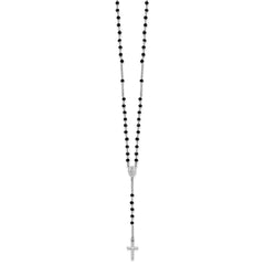 Sterling Silver Rhodium-plated Black Crystal 18.5 inch with 1 inch extender Rosary Necklace QH5869-18.5