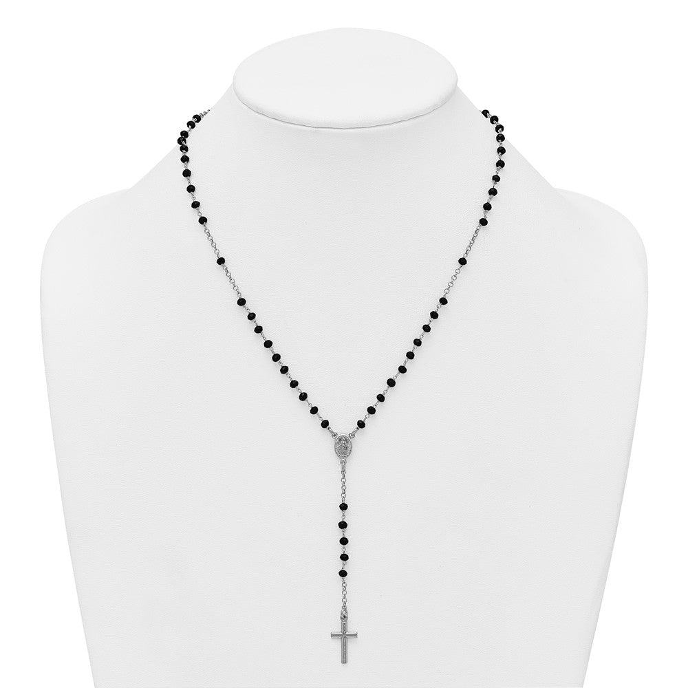 Sterling Silver Rhodium-plated Black Crystal 18.5 inch with 1 inch extender Rosary Necklace QH5869-18.5