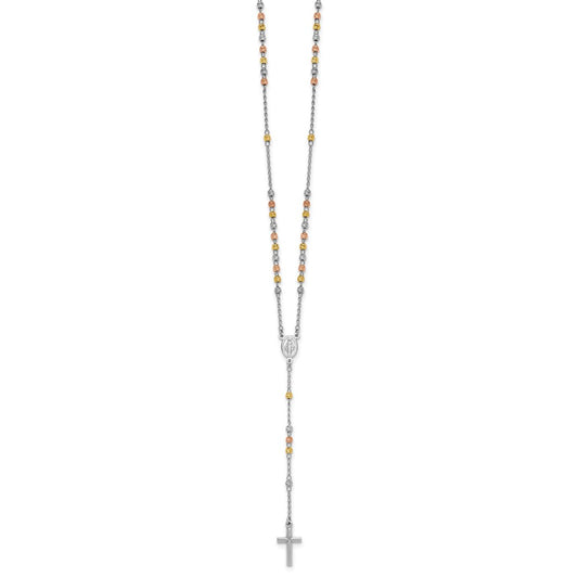 Sterling Silver Rhodium-plated Diamond-cut Tri-color Gold-plated 18.5 inch with 1 inch extender Rosary Necklace QH5870-18.5