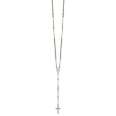 Sterling Silver Rhodium-plated Diamond-cut Tri-color Gold-plated 18.5 inch with 1 inch extender Rosary Necklace QH5870-18.5