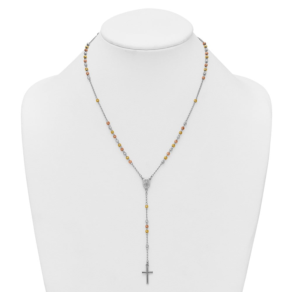 Sterling Silver Rhodium-plated Diamond-cut Tri-color Gold-plated 18.5 inch with 1 inch extender Rosary Necklace QH5870-18.5