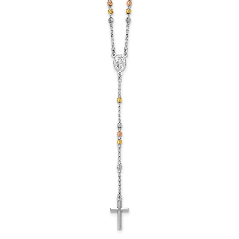 Sterling Silver Rhodium-plated Diamond-cut Tri-color Gold-plated 18.5 inch with 1 inch extender Rosary Necklace QH5870-18.5