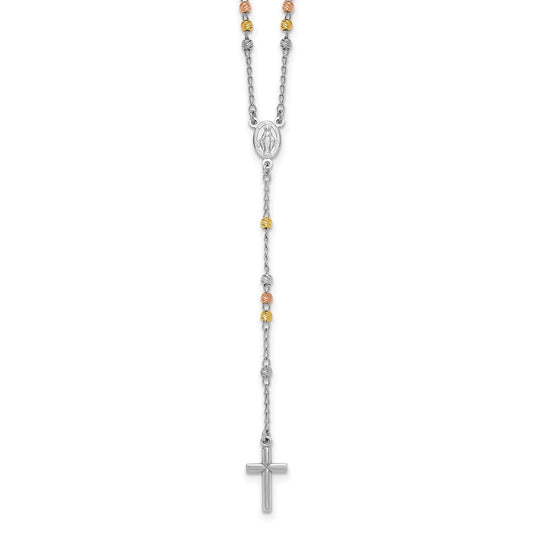 Sterling Silver Rhodium-plated Diamond-cut Tri-color Gold-plated 18.5 inch with 1 inch extender Rosary Necklace QH5870-18.5