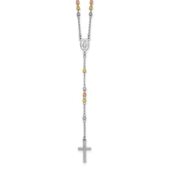 Sterling Silver Rhodium-plated Diamond-cut Tri-color Gold-plated 18.5 inch with 1 inch extender Rosary Necklace QH5870-18.5