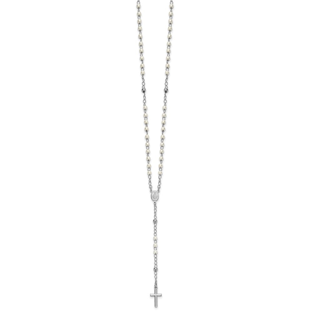 Sterling Silver Rhodium-plated Plastic Imitation Pearl 19.75 inch with 1 inch extender Rosary Necklace QH5874-19.75