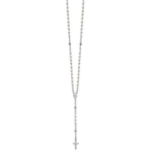 Sterling Silver Rhodium-plated Plastic Imitation Pearl 19.75 inch with 1 inch extender Rosary Necklace QH5874-19.75
