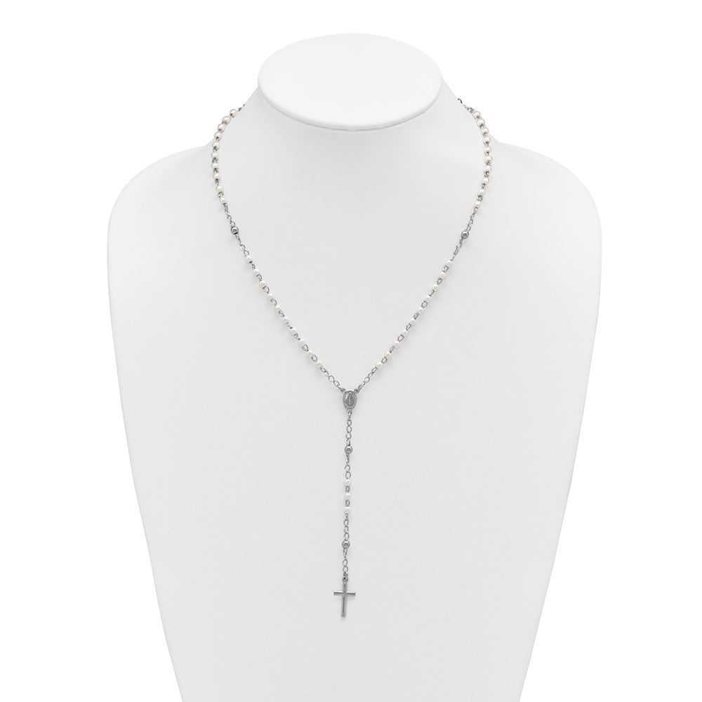 Sterling Silver Rhodium-plated Plastic Imitation Pearl 19.75 inch with 1 inch extender Rosary Necklace QH5874-19.75