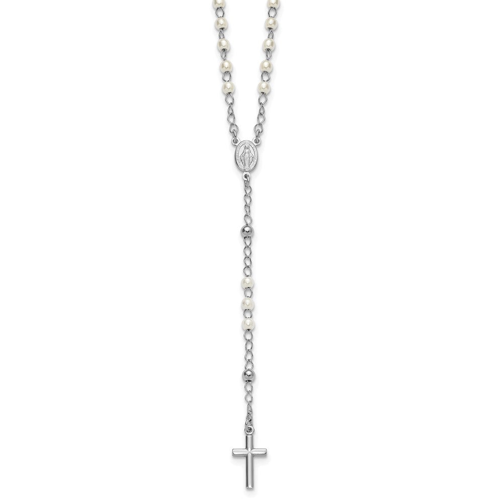Sterling Silver Rhodium-plated Plastic Imitation Pearl 19.75 inch with 1 inch extender Rosary Necklace QH5874-19.75