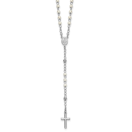 Sterling Silver Rhodium-plated Plastic Imitation Pearl 19.75 inch with 1 inch extender Rosary Necklace QH5874-19.75