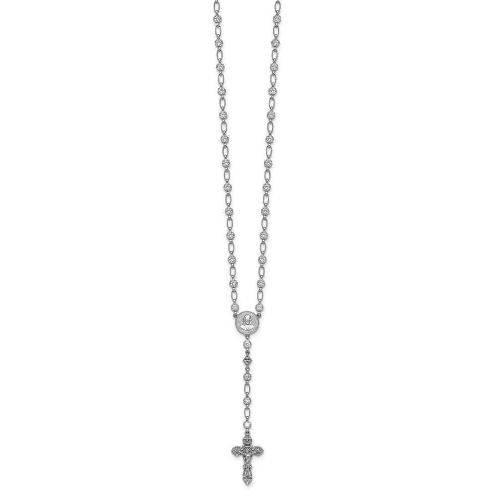 Sterling Silver Rhodium-plated Polished Round CZ 25.25 inch Rosary Necklace QH5878-25.25