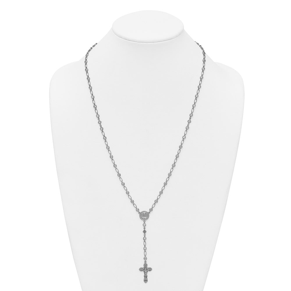 Sterling Silver Rhodium-plated Polished Round CZ 25.25 inch Rosary Necklace QH5878-25.25