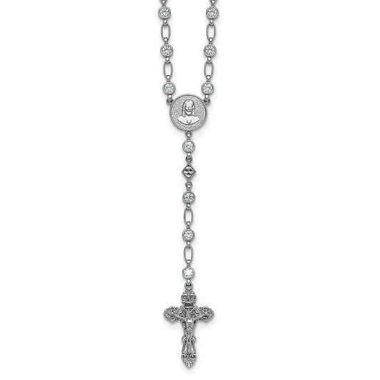 Sterling Silver Rhodium-plated Polished Round CZ 25.25 inch Rosary Necklace QH5878-25.25
